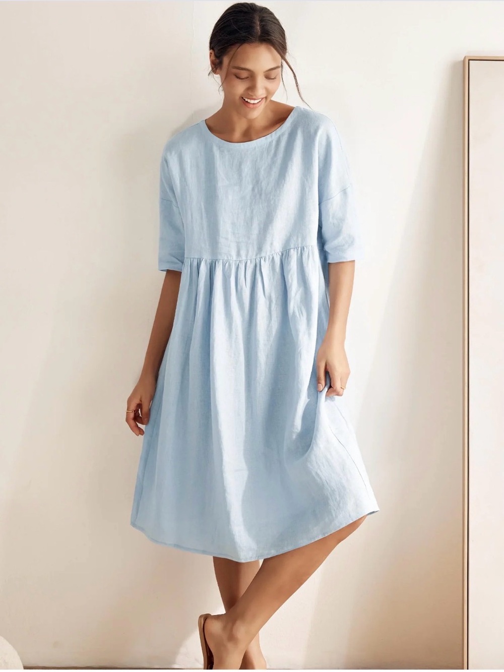 Relaxed Light Blue Linen-Blend Midi Dress